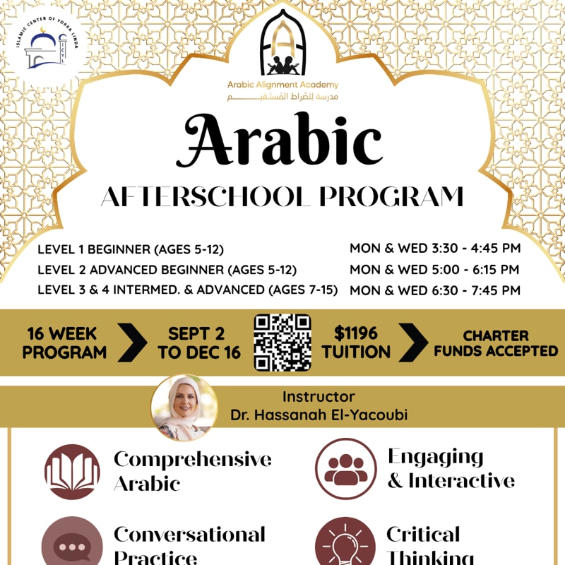 A gold-bordered flyer advertises an Arabic Afterschool Program with class details, instructor information, and program highlights in the foreground, set against a decorative geometric background.