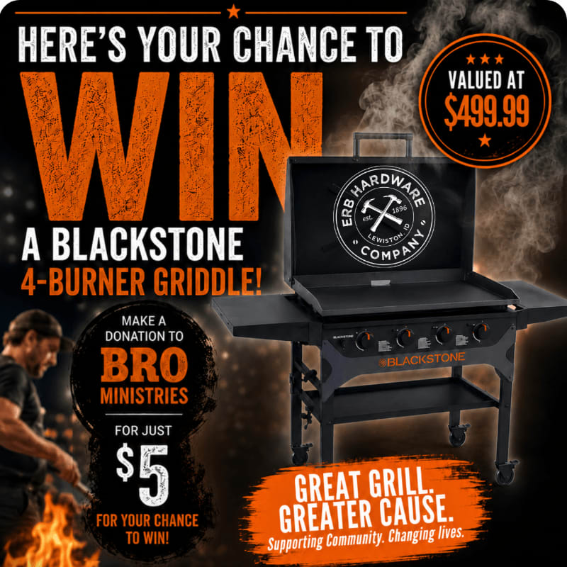 A Blackstone 4-burner griddle is featured in the foreground, with a man grilling and flames in the background, all promoting a chance to win by donating to Bro Ministries.
