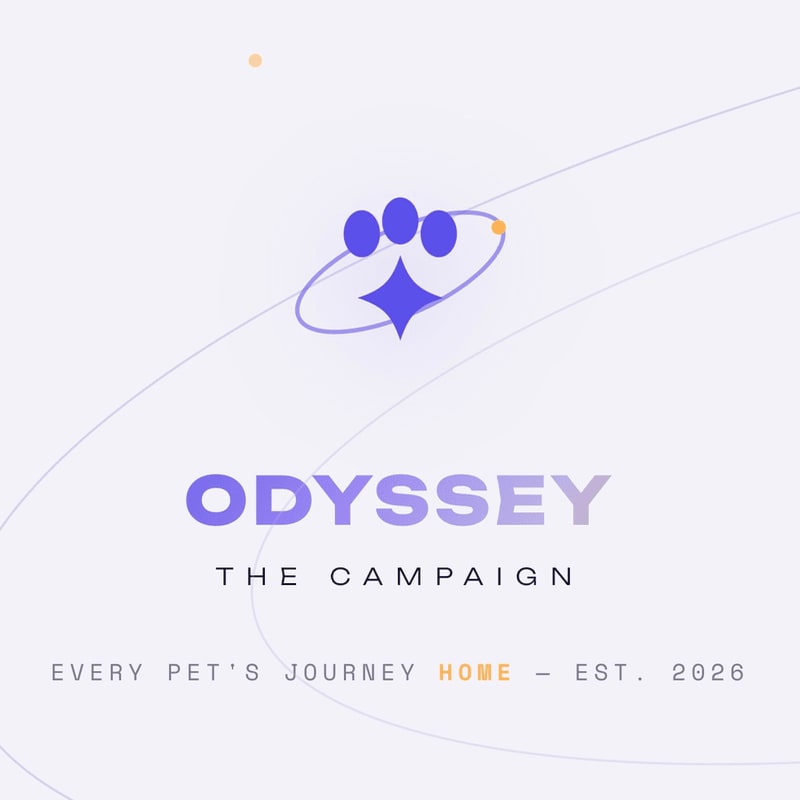 A stylized paw print logo with orbiting dots is centered above the text "ODYSSEY THE CAMPAIGN" and "EVERY PET'S JOURNEY HOME - EST. 2026" on a light purple background with swirling white lines.