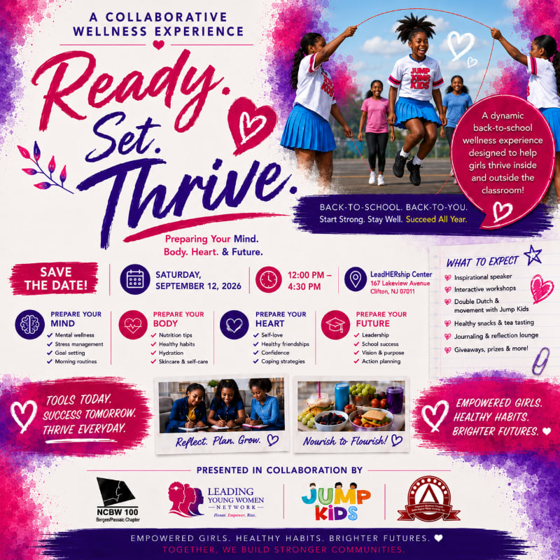 In the foreground, a colorful flyer advertises a "Ready. Set. Thrive." wellness experience for girls, while the background features a vibrant illustration of girls jumping rope.