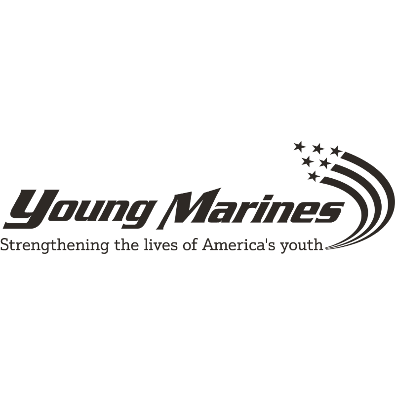 The foreground features the "Young Marines" logo with the tagline "Strengthening the lives of America's youth," while the background is a plain white space.
