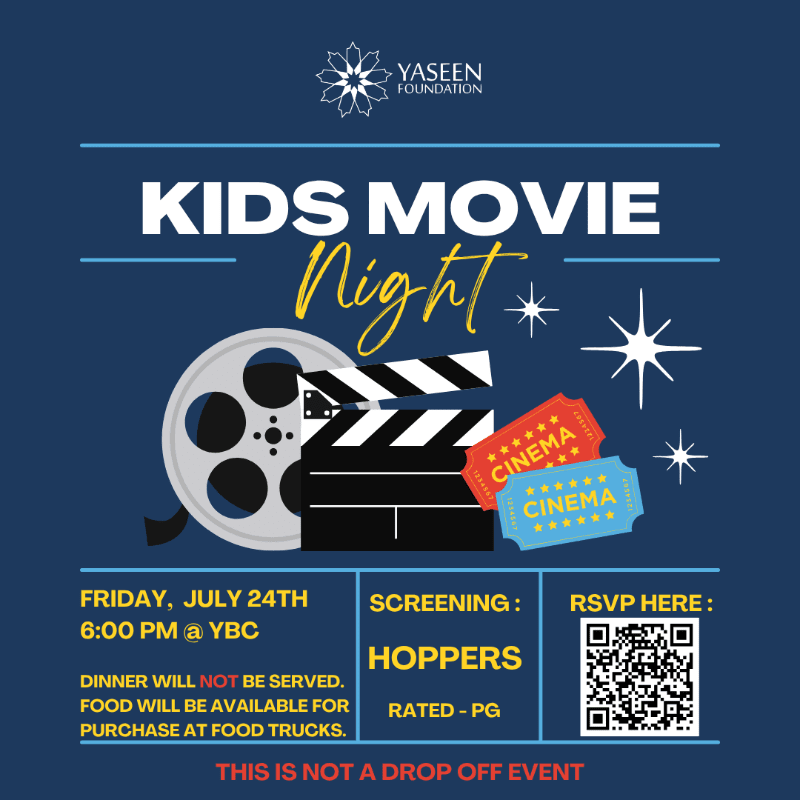 A movie reel, clapperboard, and cinema tickets are in the foreground against a dark blue background with event details and the Yaseen Foundation logo.