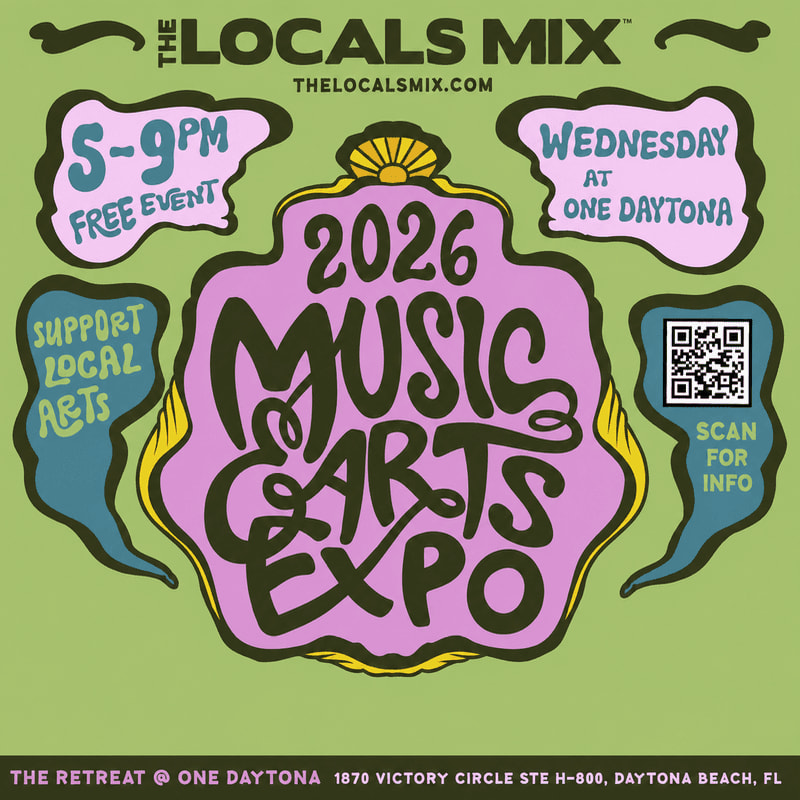 A vibrant, retro-style poster advertises the "2026 Music & Arts Expo" with event details in the foreground and a green background.