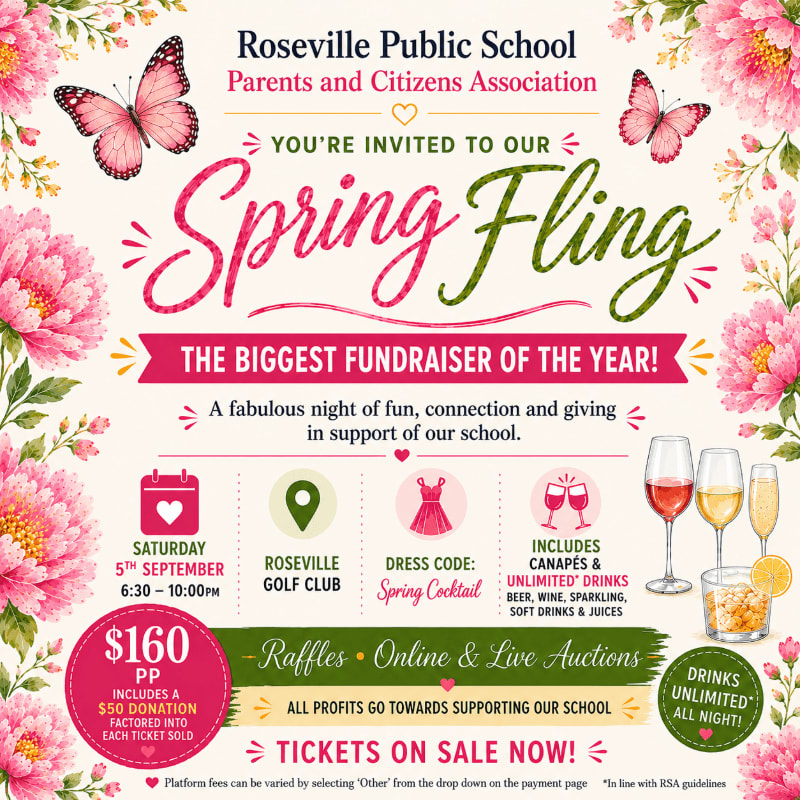 Pink peonies and butterflies frame a poster for the Roseville Public School Spring Fling fundraiser, which details event information and ticket prices.