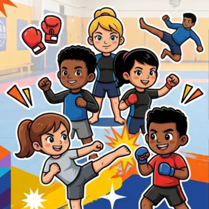 Cartoon children in martial arts gear are kicking and punching in a gym with colorful mats and boxing gloves in the foreground, while a blurred background shows a training area.