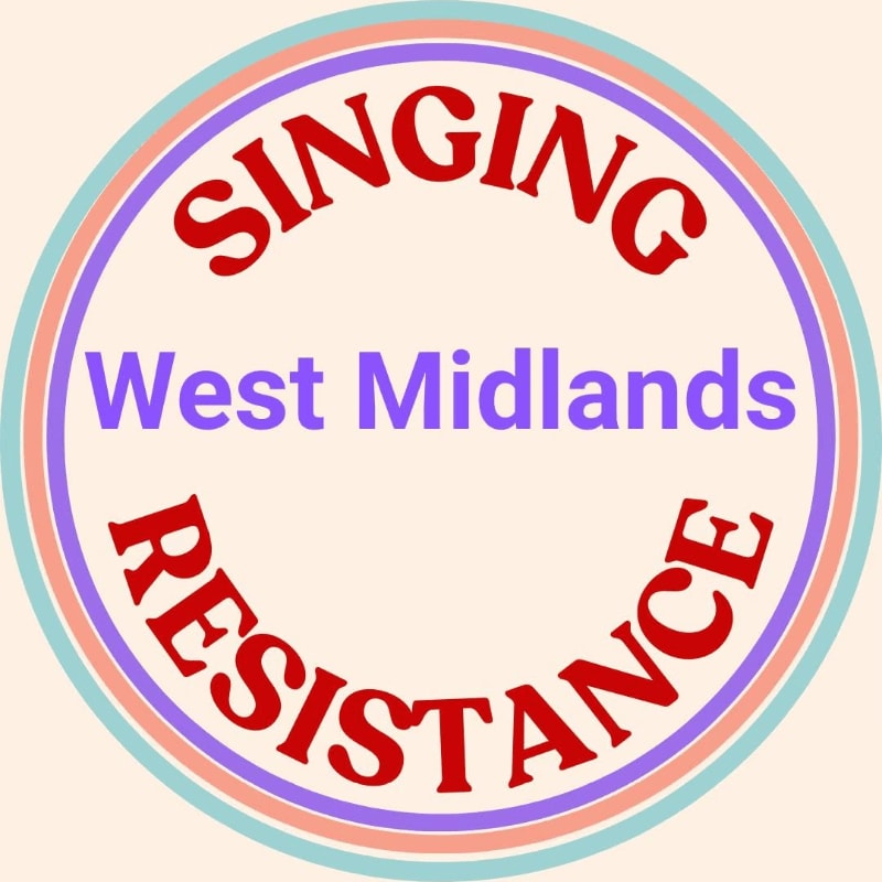 A circular logo with "SINGING RESISTANCE" in red text around the edge and "West Midlands" in purple text in the center, set against a pale peach background with concentric pastel rings.
