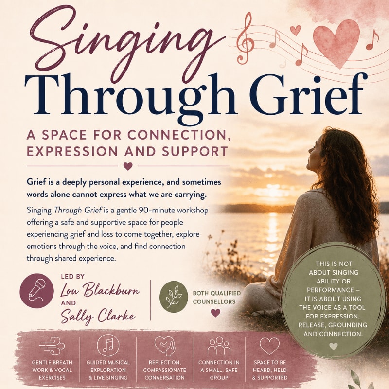 A woman sits in profile looking towards a sunset in the background, while the foreground displays text about a "Singing Through Grief" workshop.