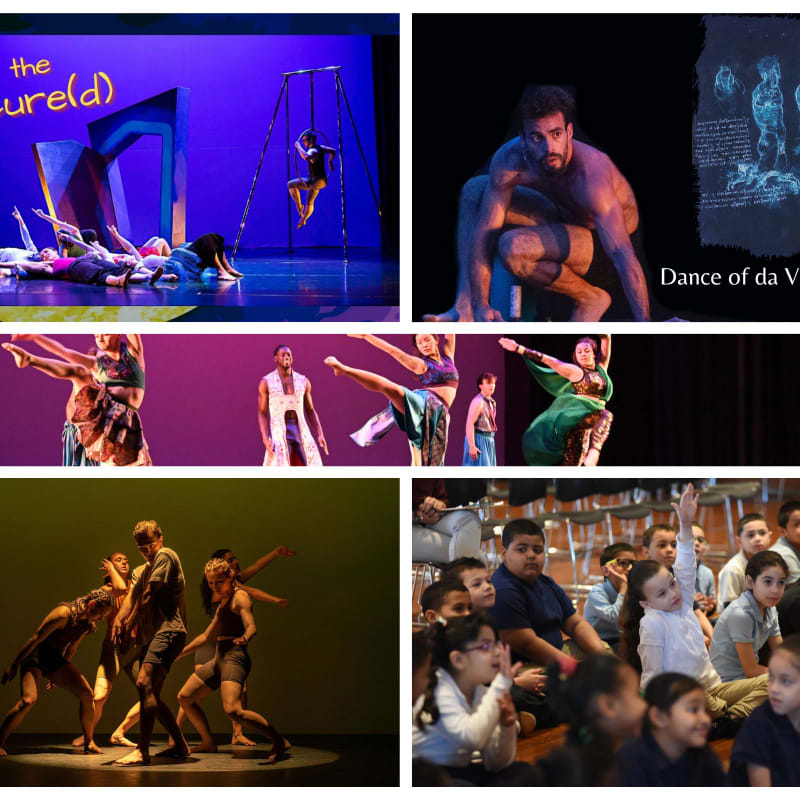 Dancers perform on stage in front of abstract sets and a dark background, while an audience watches a performance in a theater.