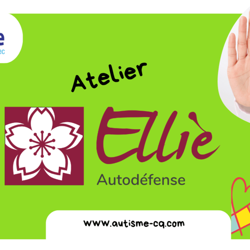 A white cherry blossom logo and the name "Ellie" with "Autodéfense" below it are in the foreground against a bright green background, with a hand raised in the upper right corner and a website address at the bottom.
