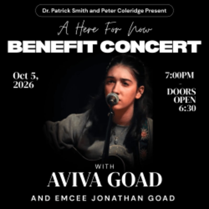 A young woman sings into a microphone in the foreground, with concert details for a benefit concert in the background.