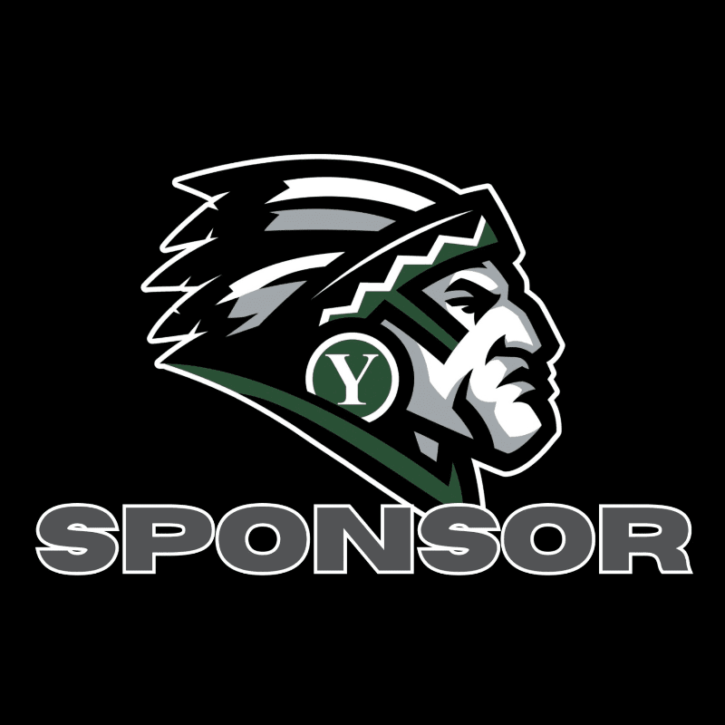A stylized Native American profile with a feathered headdress and the word "SPONSOR" below it are set against a black background.