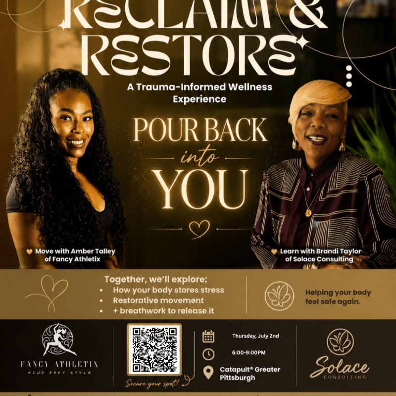Two smiling women are featured in the foreground of a flyer advertising a trauma-informed wellness experience, with event details and logos in the background.