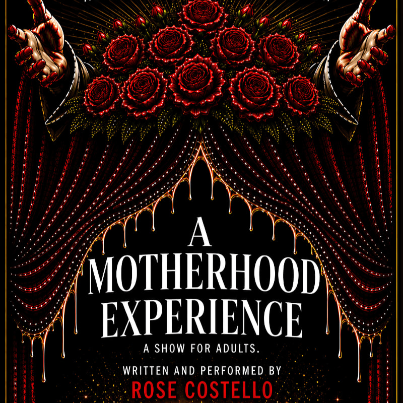 A dramatic poster for "A Motherhood Experience" features a bouquet of red roses and outstretched hands in the foreground against a backdrop of ornate, dark curtains.