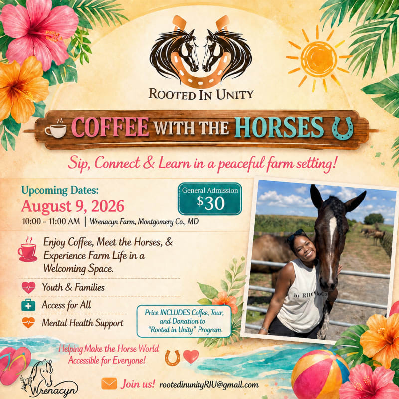Brightly colored tropical flowers and a beach ball frame a flyer advertising "Coffee with the Horses" at Wrenacyn Farm, featuring a smiling woman with a horse in the background.