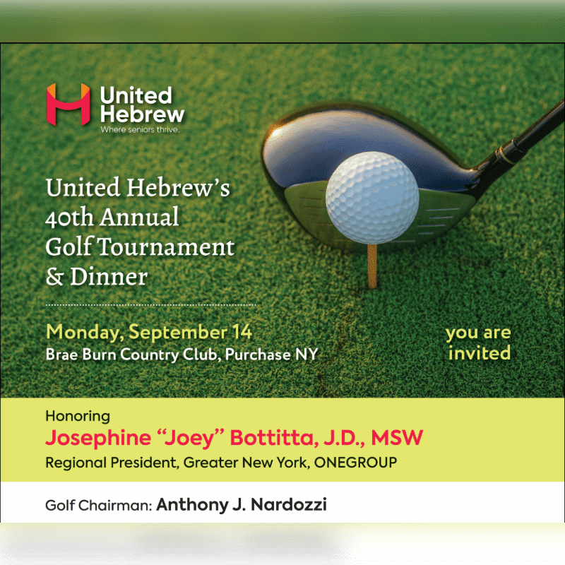 A golf ball sits on a tee in front of a driver, with event details for United Hebrew's 40th Annual Golf Tournament & Dinner on a green background.