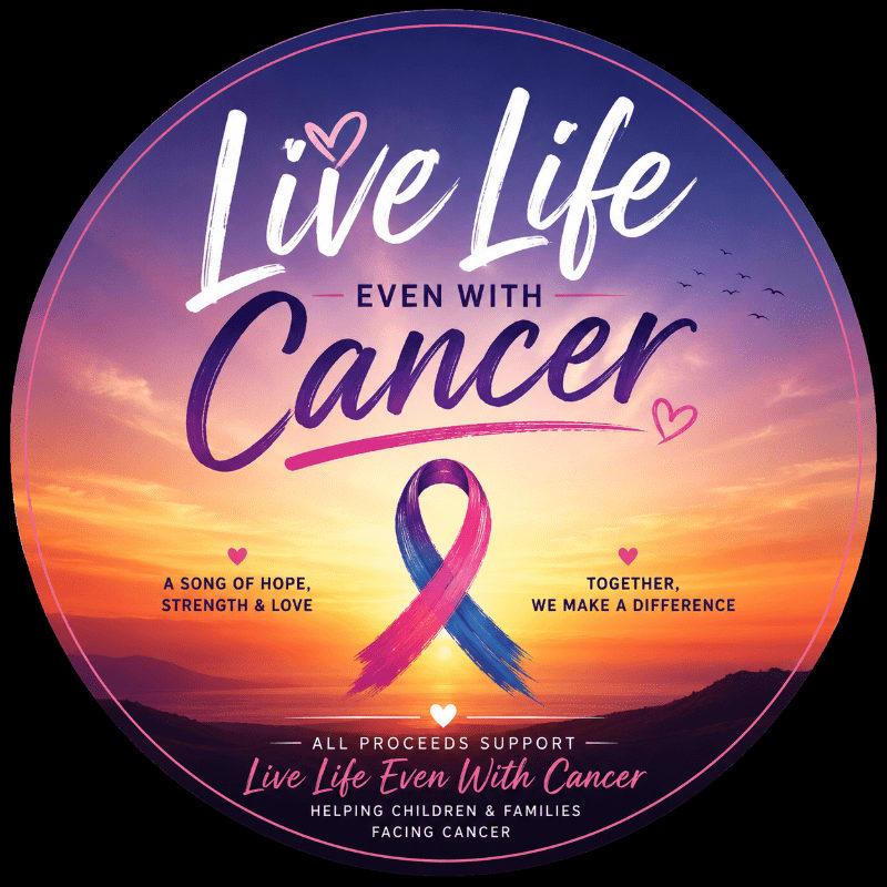 A pink and blue ribbon is centered against a sunset sky with text about living with cancer, with a mountain range in the background.
