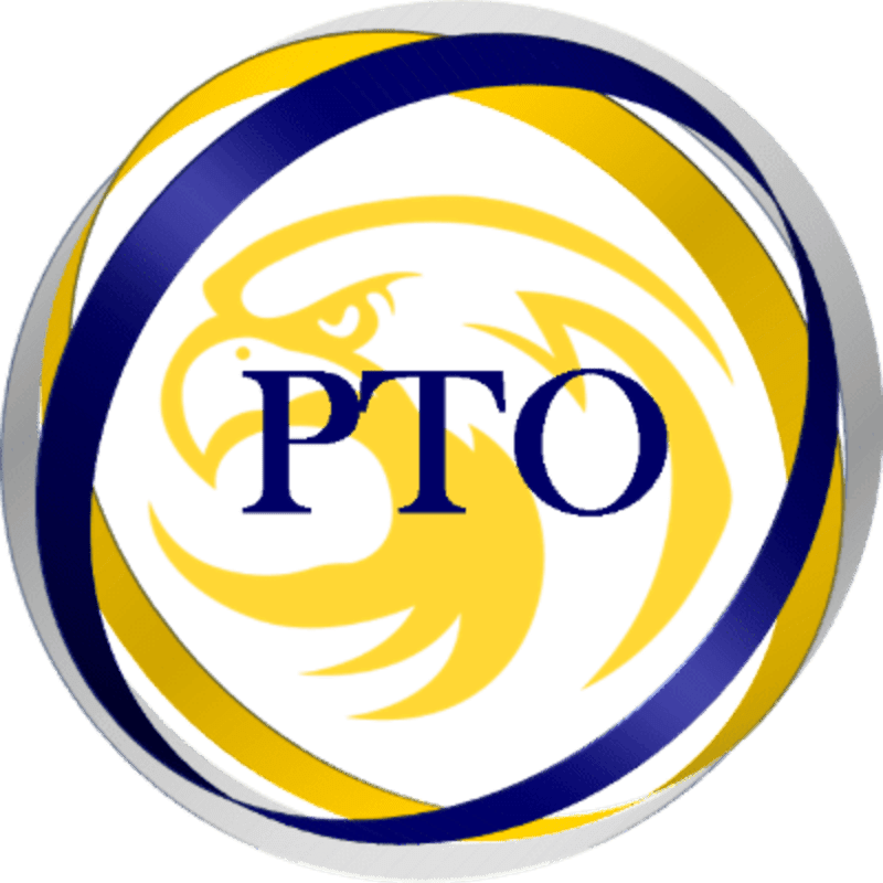 A blue and yellow eagle emblem with "PTO" in the center is framed by swirling blue and yellow bands against a white background.