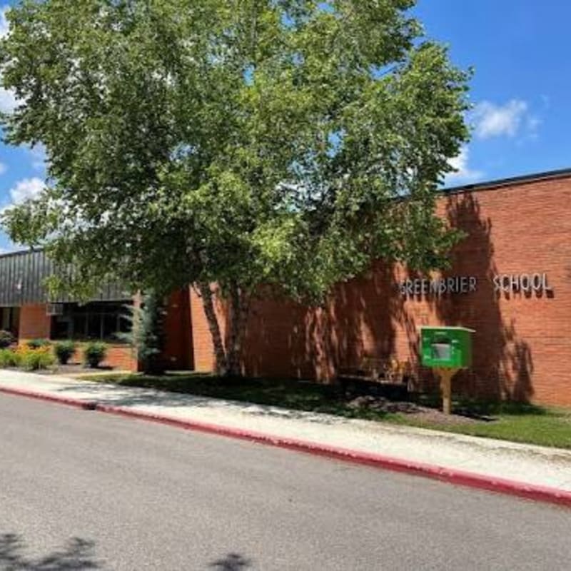 A large tree shades the foreground of a brick school building with a green Little Free Library in front.