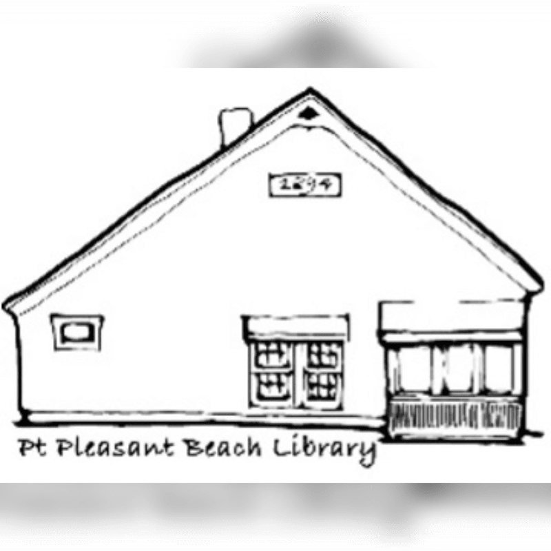 A black and white sketch of the Pt. Pleasant Beach Library with its name in the foreground and a gable roof with a date above the windows in the background.