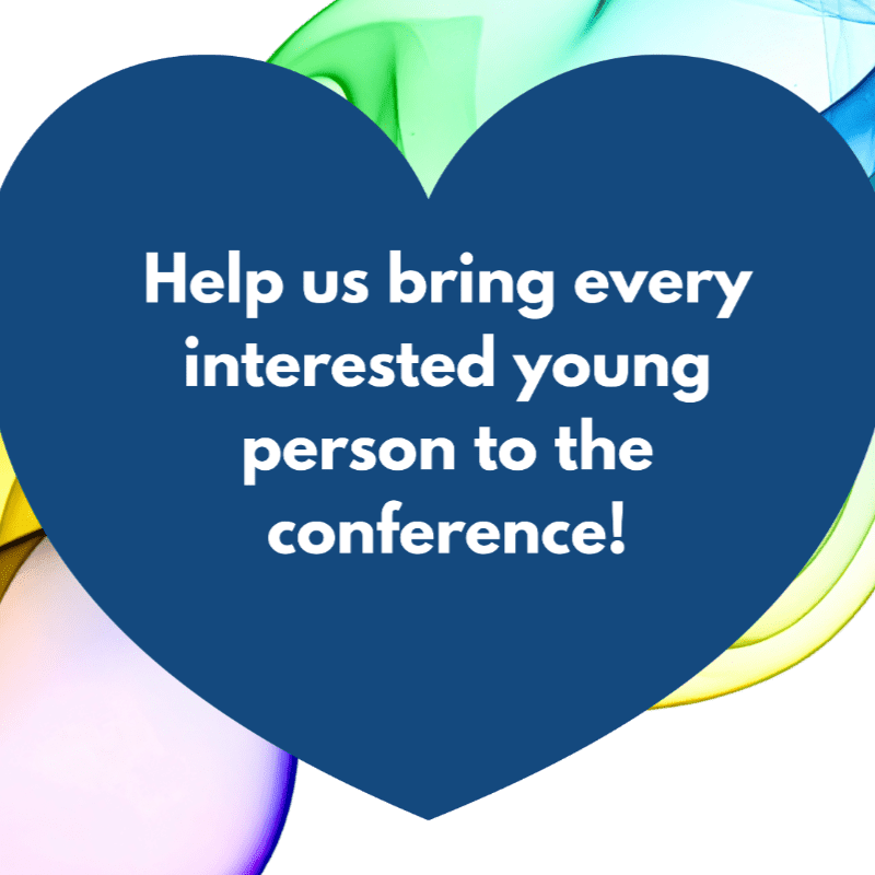 A blue heart with white text asking for help to bring young people to a conference is superimposed on a background of colorful, wispy smoke.