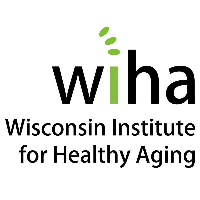 Black text spelling "wiha" with green dots above the "i" and "h" is in the foreground, while the words "Wisconsin Institute for Healthy Aging" are below it, all on a white background.