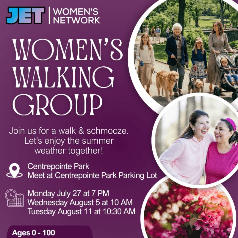 A group of women and dogs walk in a park in the background, while two women smile at each other in the foreground, all set against a purple background with event details.
