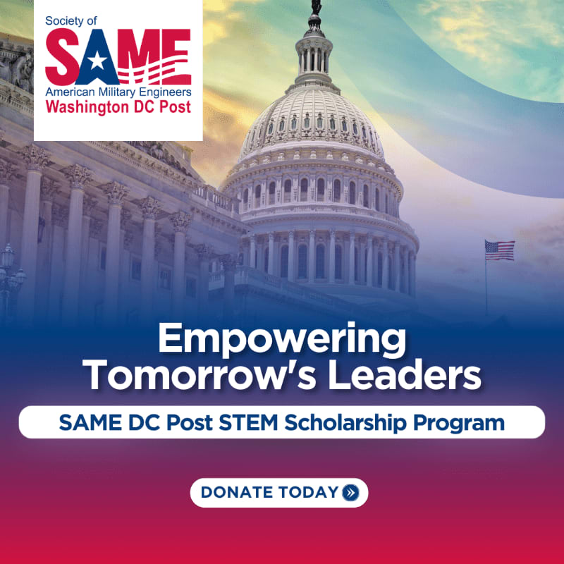 The foreground features a "Donate Today" button and text about the SAME DC Post STEM Scholarship Program, while the background showcases the U.S. Capitol building under a colorful sky.