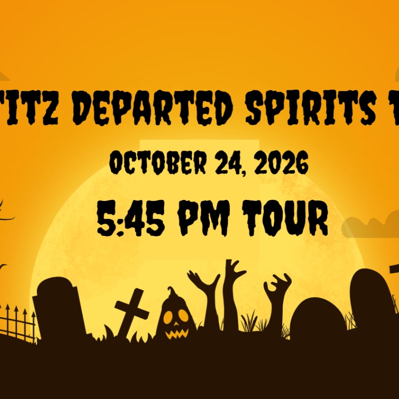 A spooky graveyard with rising zombie hands in the foreground is set against a full moon and an orange sky with event details for "Fitz Departed Spirits Tour" on October 24, 2026, at 5:45 PM.