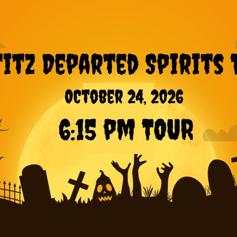 A spooky graveyard with tombstones and zombie hands in the foreground is set against a large full moon and orange sky with event details for "FITZ DEPARTED SPIRITS TOUR" on October 24, 2026, at 6:15 PM.
