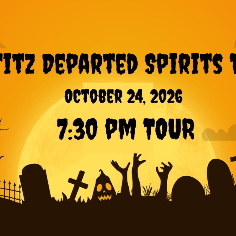 A spooky graveyard with zombie hands emerging from the ground is set against a large full moon and an orange sky advertising a "7:30 PM TOUR" on "OCTOBER 24, 2026".