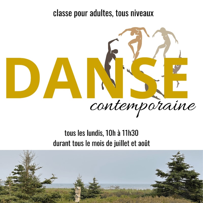A poster advertises adult contemporary dance classes with stylized figures in the foreground and a landscape with trees and water in the background.