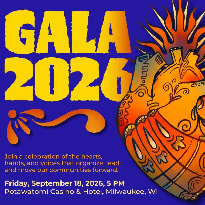 A vibrant blue background frames a stylized, orange heart and yellow text announcing "GALA 2026," with event details at the bottom.