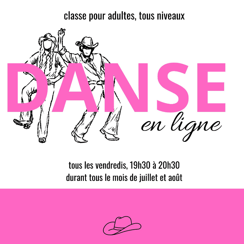 Two figures in cowboy attire dance in the foreground against a white background with pink text advertising adult dance classes.
