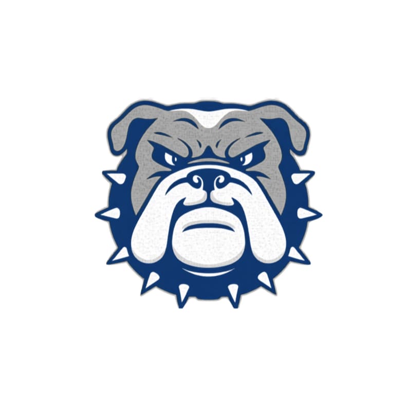 A fierce bulldog mascot with a spiky collar is centered against a plain white background.