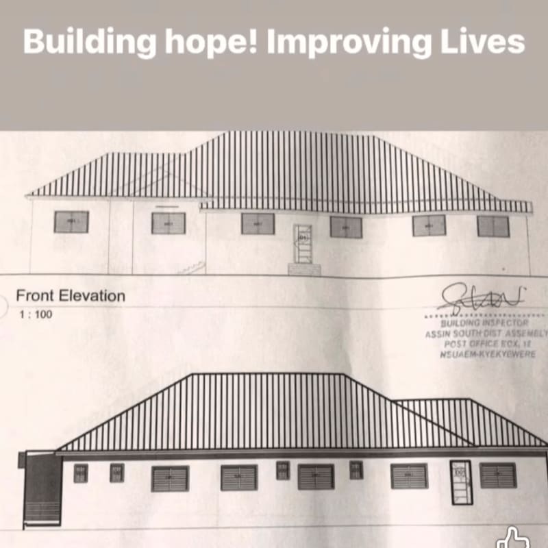 Architectural drawings of a house's front and side elevations are shown against a background with the text "Building hope! Improving Lives."