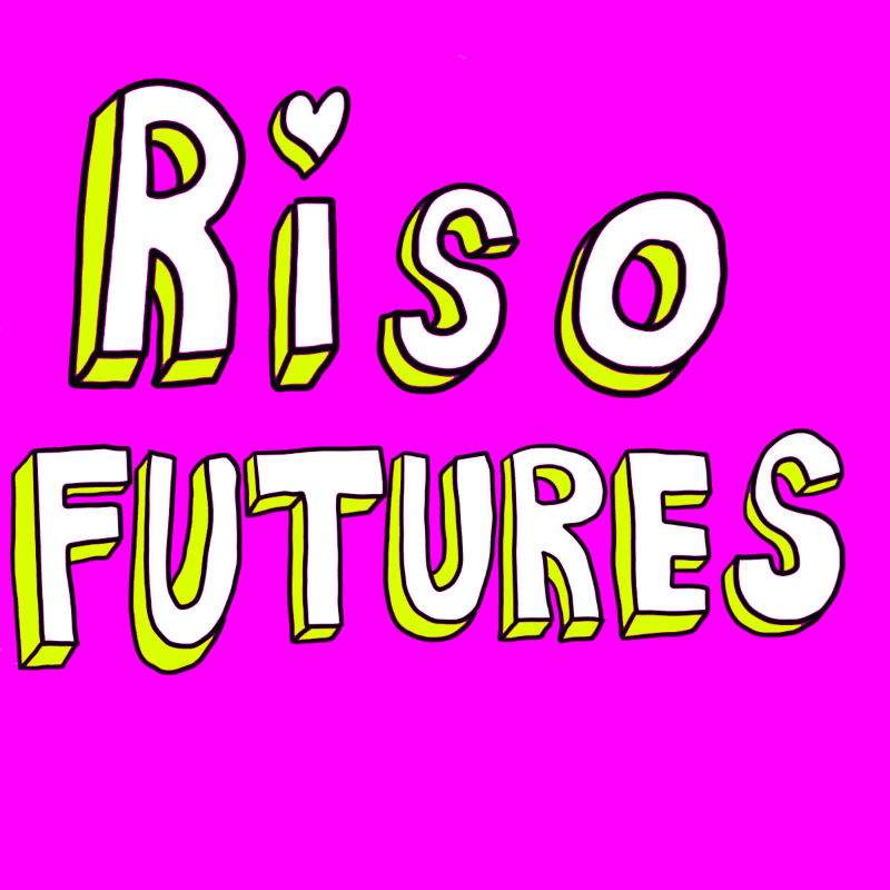White and yellow outlined text reading "Riso FUTURES" with a small heart above the "i" is set against a vibrant pink background.