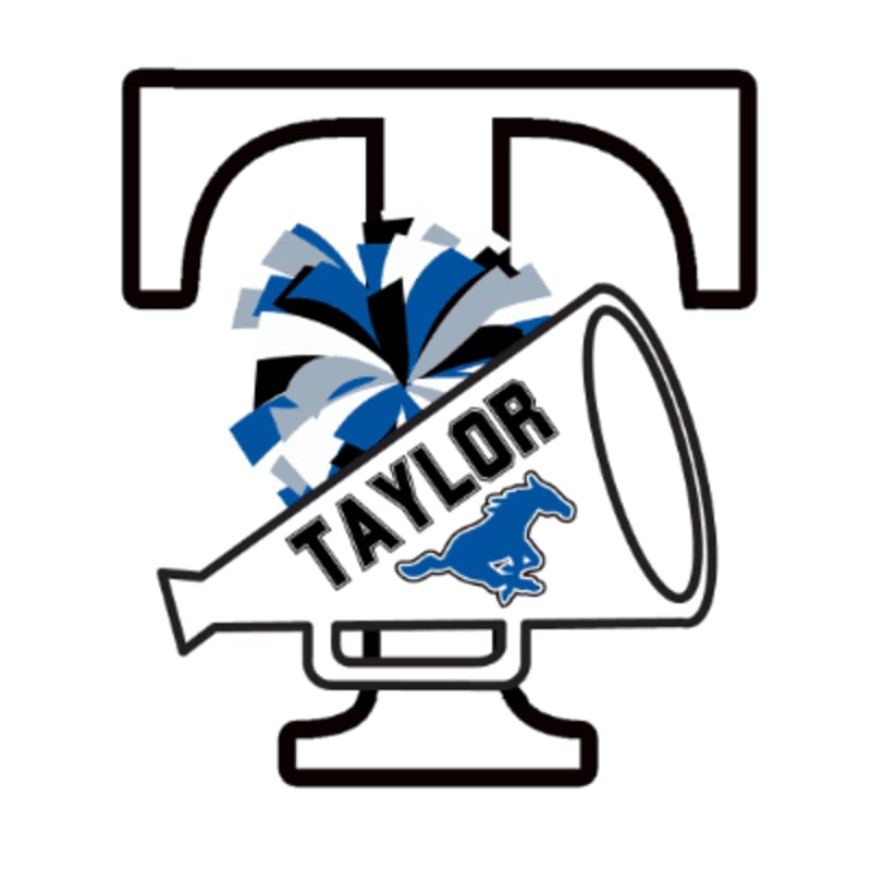 A white megaphone with "TAYLOR" and a blue horse logo sits in front of a large, outlined letter "T" and a blue and white pom-pom.