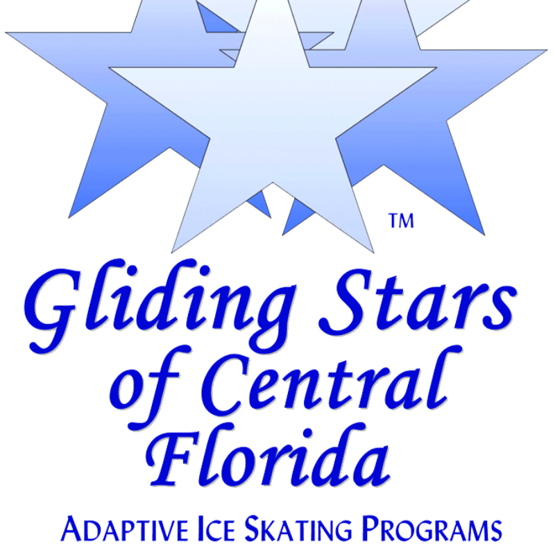 Light blue stars overlap in the background above the blue cursive text "Gliding Stars of Central Florida" and the smaller, all-caps text "ADAPTIVE ICE SKATING PROGRAMS" in the foreground.