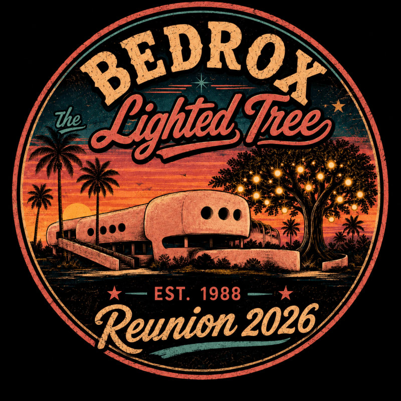 A retro-style circular logo features a unique, rounded building and a tree adorned with lights in the foreground, set against a vibrant sunset sky with palm trees in the background.