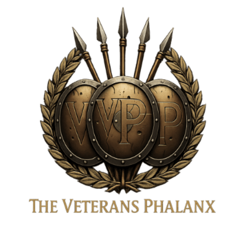 Three bronze shields bearing the letters "VVP" are crossed and topped with spears, all encircled by a laurel wreath, with the text "THE VETERANS PHALANX" below on a white background.