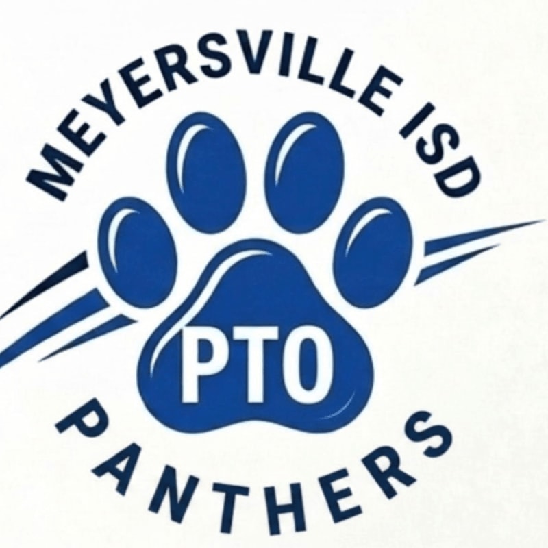A blue paw print with "PTO" inside is centered on a white background, with "MEYERSVILLE ISD PANTHERS" curved around it.