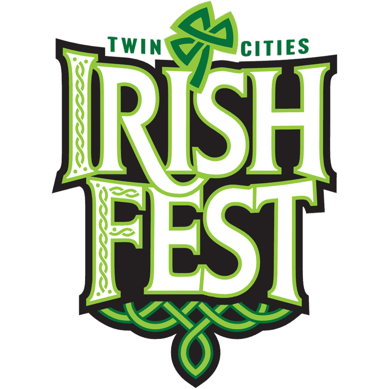 Green and white text with Celtic knot designs and a shamrock above the words "TWIN CITIES IRISH FEST" on a white background.