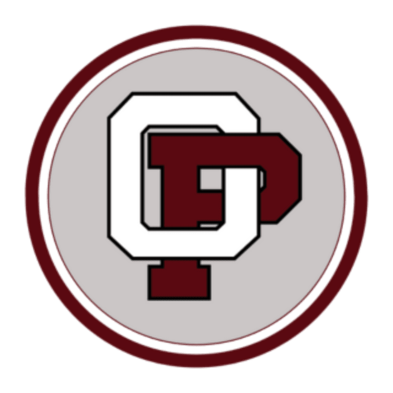 A maroon and white intertwined monogram of "OP" is centered on a light gray circular background, all enclosed by a thick maroon border.