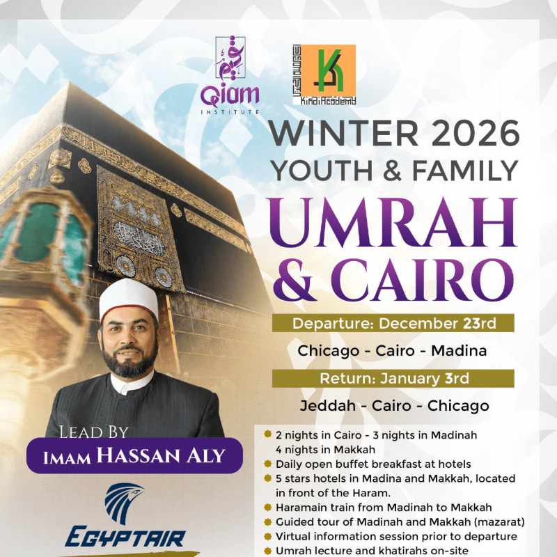 A man in a white cap stands in front of the Kaaba, advertising a Winter 2026 Umrah and Cairo trip.