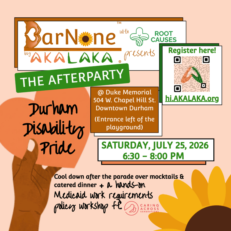 A hand holds an orange heart with "Durham Disability Pride" written on it in front of a peach background with event details, a sunflower, and logos.