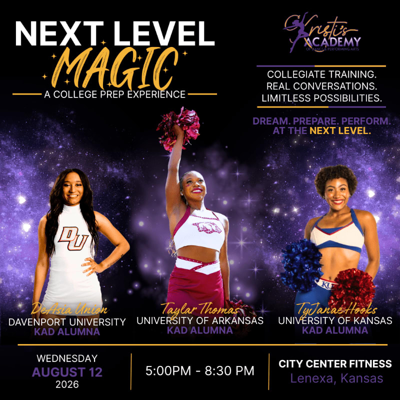 Three young women in cheerleading uniforms are featured in the foreground against a dark, starry background with text promoting a college prep experience.