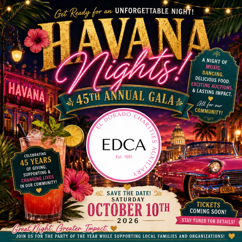 A vibrant Havana-themed gala invitation features a tropical cocktail and hibiscus flowers in the foreground, with a neon-lit street scene and a classic car in the background.