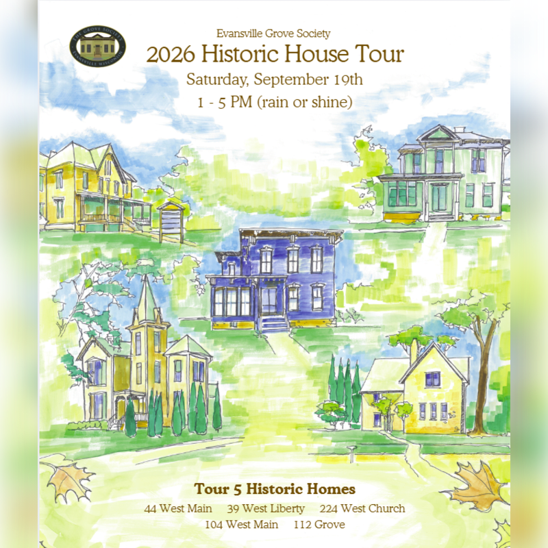 A watercolor illustration of several historic houses with autumn leaves in the foreground and a cloudy sky in the background advertises the Evansville Grove Society's 2026 Historic House Tour.
