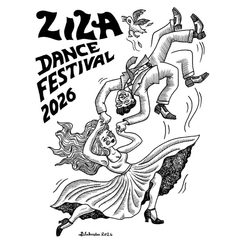 A man and woman in mid-air dance with a bird overhead, while "ZIZA DANCE FESTIVAL 2026" is written in bold lettering above them.