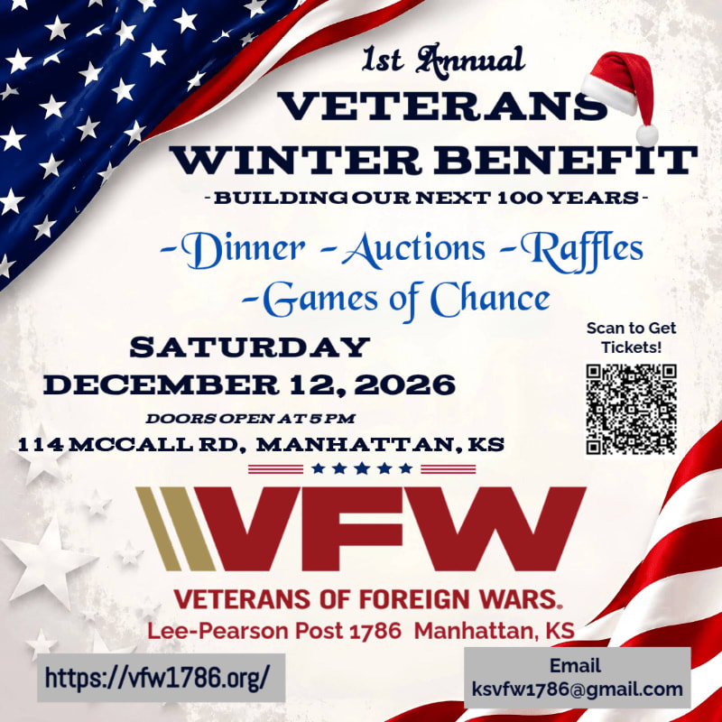 A patriotic flyer for the 1st Annual Veterans Winter Benefit on December 12, 2026, in Manhattan, KS, is set against a background of the American flag.